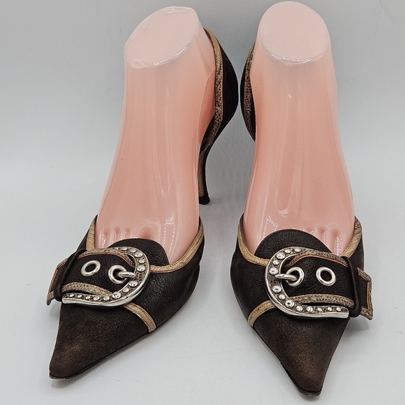 Prada Black & Gold Leather Buckle Pointed Toe High Heels size 39.5 / 9.5 - Picture 4 of 16